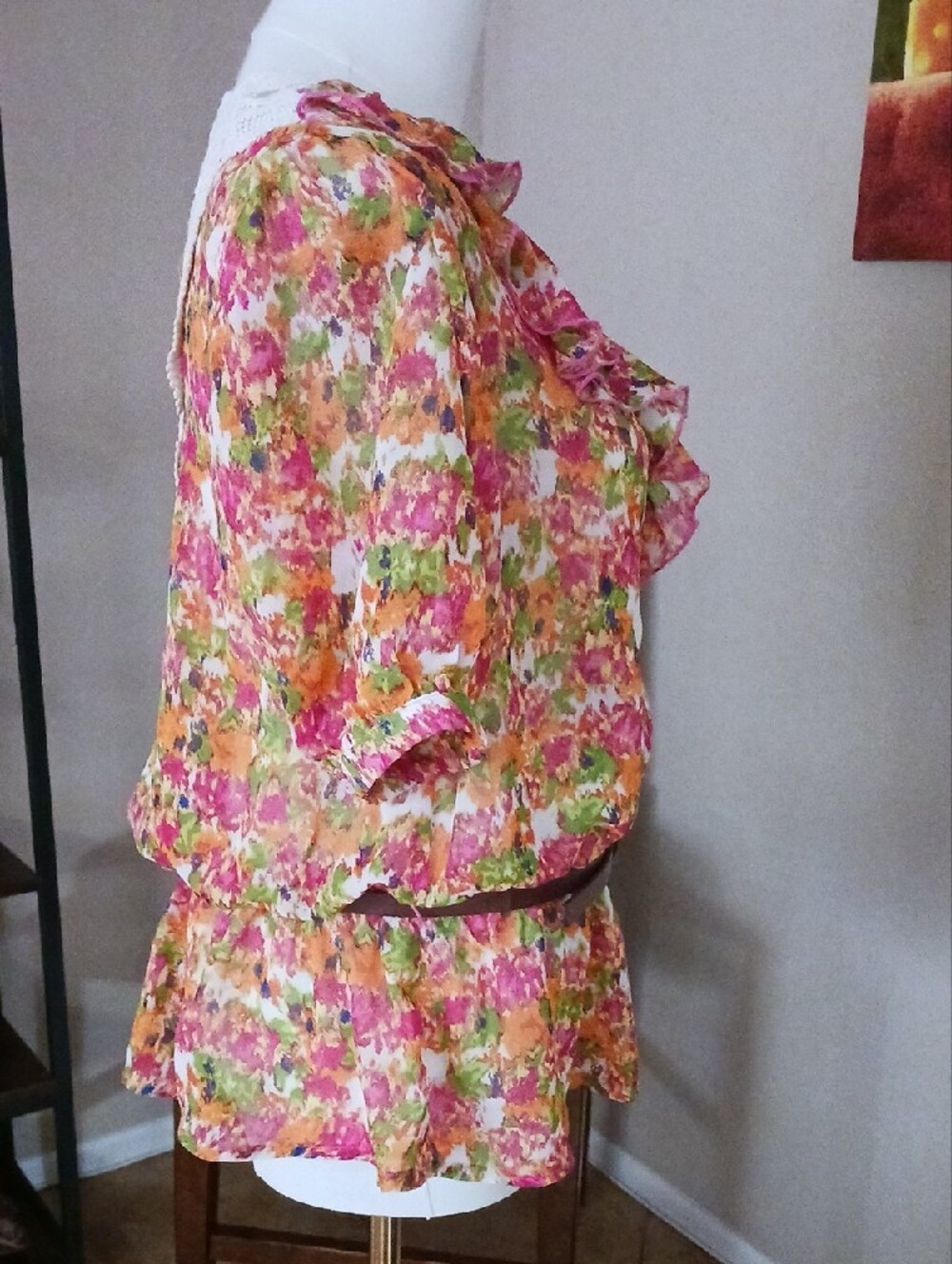 No Boundaries- Juniors Multicolor Floral Ruffle Blouse with Buttons - Picture 8 of 16